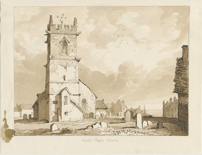 Kostel Rowley Regis: sépiová kresba, 1837 od Thomas Peploe Wood
