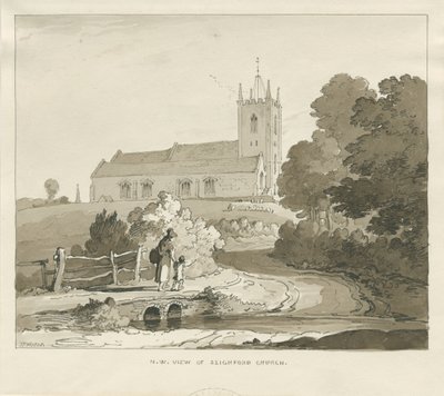 Seighford Church: sépie lavírovaná kresba od Thomas Peploe Wood
