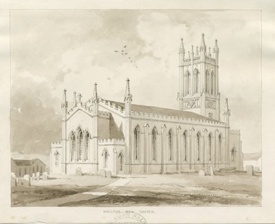 Shelton Church: sépie lavírovaná kresba od Thomas Peploe Wood