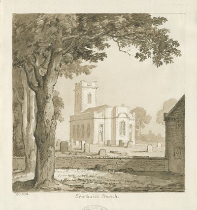 Smethwick Church: sépiová kresba, 1836 od Thomas Peploe Wood