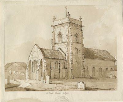Stafford - Kostel sv. Čada: kresba perem a sépií, 1837 od Thomas Peploe Wood