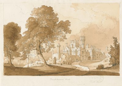 "Thickbroom Hall" [Manley Hall]: sépiová kresba, 1837 od Thomas Peploe Wood