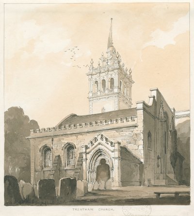 Trentham Church: sépie a žlutá lavírovaná kresba, nd [? 1838] od Thomas Peploe Wood
