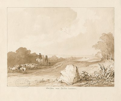 Trysull - "War Stone near Seisdon Common": pero a sépie lavírovaná kresba, 1837 od Thomas Peploe Wood