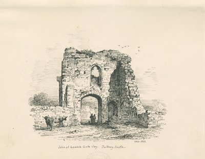 Hrad Tutbury – Brána Jana z Gaunta: kresba perem a tuší, 1839 od Thomas Peploe Wood