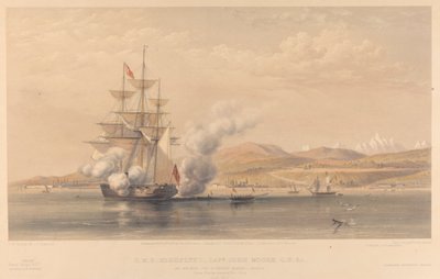 H.M.S. Highflyer Captn John Moore C.B. c. kotví u Soukoum Kaleh-Abasia, Omar Paša opouští loď, říjen 1855 od Thomas Picken