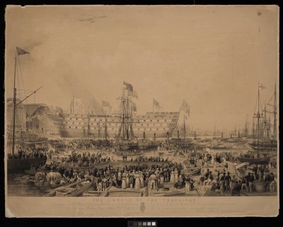 Spuštění lodi Trafalgar na vodu za přítomnosti Jejího Veličenstva královny Viktorie a Jeho královské Výsosti prince Alberta v H.M.Dock Yard ve Woolwichi... od Thomas Picken