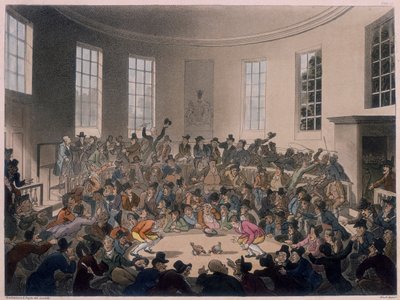 Muži sledující kohoutí zápas, konec 18.-začátek 19. století od Thomas Rowlandson, Augustus Charles Pugin