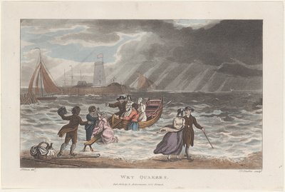 Wet Quakers, from Poetical Sketches of Scarborough, 1813., 1813. Tvůrci: Thomas Rowlandson, Joseph Constantine Stadler, J. Bluck. od Thomas Rowlandson, Joseph Constantine Stadler, J. Bluck