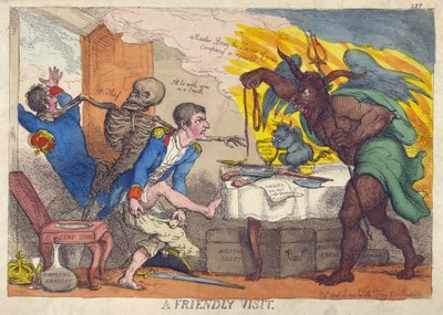 PŘÁTELSKÁ NÁVŠTĚVA, satira na Napoleonovu porážku, abdikaci a odchod na Elbu od Thomas Rowlandson