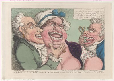 Francouzský zubař ukazuje vzorek svých umělých zubů a falešného patra..., 26. února 1811. od Thomas Rowlandson