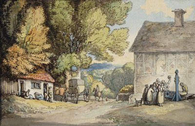 Village Green: Kočár zastavený pod stromem, s mužem v zásobách a skupinou přihlížejících, od Thomas Rowlandson