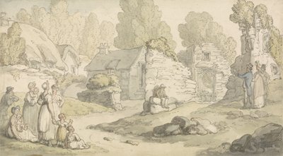 Vesnická scéna s postavami a zničenými budovami (akvarel, pero, inkoust a tužka na papíře) od Thomas Rowlandson