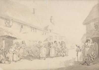 Vesnická scéna s dívkami při předení od Thomas Rowlandson