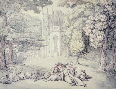 Vysokoškolský zelený se skupinou dívek a mladých gentlemanů v popředí, kolem 1810-15 (pero, inkoust a akvarel přes tužku na papíře) od Thomas Rowlandson
