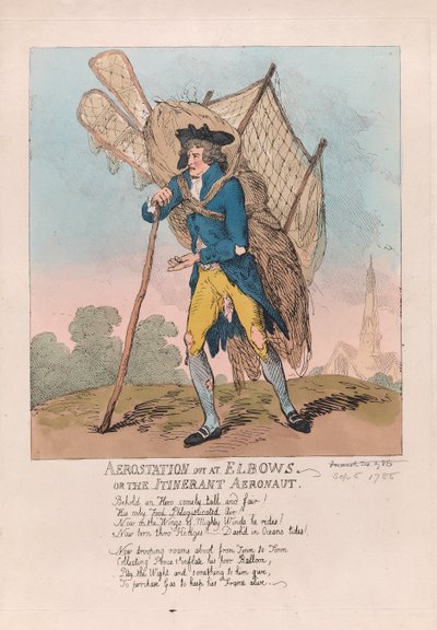 Aerostation out at Elbows or the Itinerant Aeronaut, pub. 1785 (ručně kolorovaná rytina) od Thomas Rowlandson