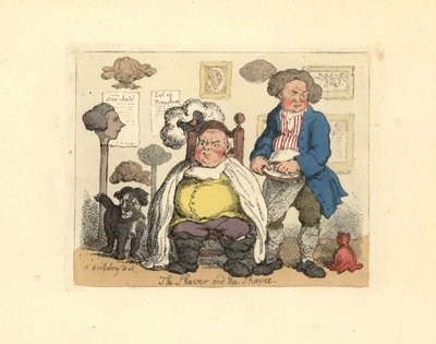 Holič a zákazník v holičství zdobené parukami. od Thomas Rowlandson