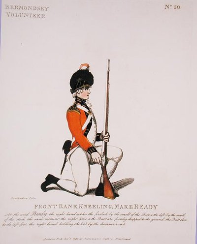 Bermondsey Volunteer, deska 50 z „Loyal Volunteers of London and Environs“, vydáno 1798 (barevně lito) od Thomas Rowlandson