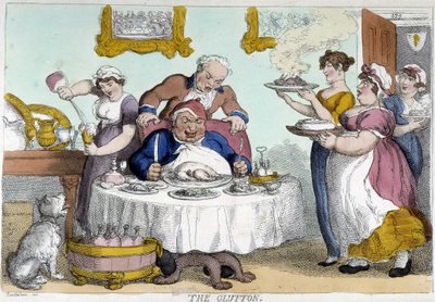 Buržoazní před bohatým jídlem podávaným mnoha služebnictvem - karikatura Rowlandson od Thomas Rowlandson