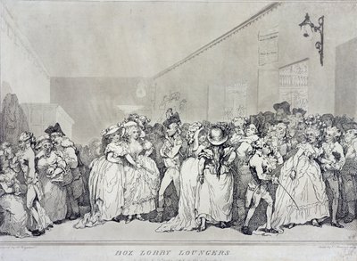 Box Lobby Loungers, leptané Rowlandsonem podle návrhu Henryho Wigsteada (c.1745-93), pub. John Raphael Smith, 1786 (sépie lept) od Thomas Rowlandson