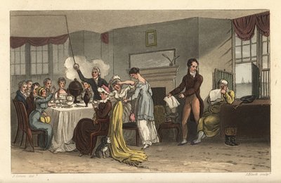 Snídaňová místnost hotelu Old Bell Inn, Scarborough. Hosté pijí kávu, čtou noviny, snídají v místnosti Regency. Ručně kolorovaná mědirytina Thomas Rowlandson, akvatinta J. Bluck, podle skici J. Greena z Poetical Sketche od Thomas Rowlandson