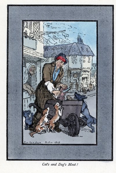 Potulný řezník, který krájel kus masa, řekl, že psi a kočky útočí na kolo jeho trakaře. Dřevoryt podle malby Thomase Rowlandsona (1756-1827), publikované v The Cris of London: se šesti okouzlujícími dětmi a téměř 40 ilustracemi od Thomas Rowlandson