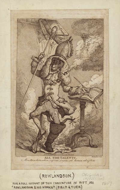 Karikatura Williama Pitta jako kouřící koza (tehovaná rytina) od Thomas Rowlandson