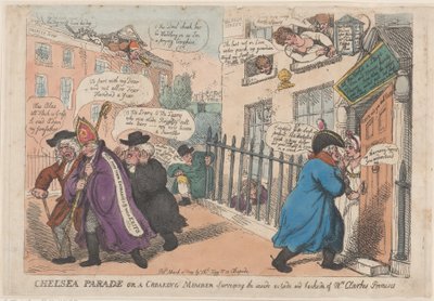 Chelsea Parade aneb kvákající člen zkoumající vnitřek venku a zadní stranu ..., 4. března 1809. od Thomas Rowlandson