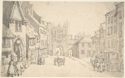 Pohled na město se středověkou bránou (pravděpodobně York) od Thomas Rowlandson