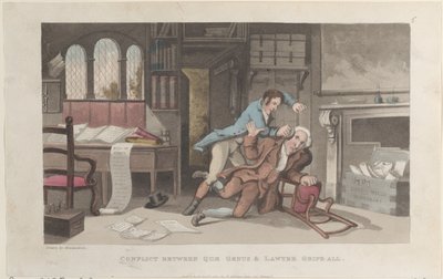 Konflikt mezi Quae Genus a právníkem Gripe-all, z Historie Johnnyho Q..., 1. října 1821. od Thomas Rowlandson