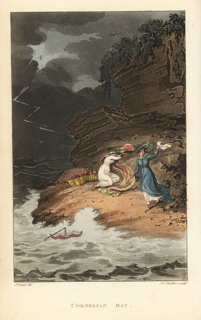 Cornelian Bay: Regency ženy na pikniku překvapí náhlá bouře. Ručně kolorovaná mědirytina Thomas Rowlandson, akvatinta J.C. Stadler, podle skici J. Greena z Poetical Sketches of Scarborough, Ackermann, Londýn od Thomas Rowlandson