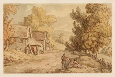 Chalupa a stodola s odpočívajícími postavami u venkovské cesty od Thomas Rowlandson
