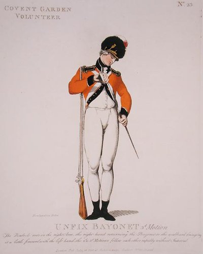 Covent Garden Volunteer, deska 23 z „Loyal Volunteers of London and Environs“, vydáno 1798 (barevně lito) od Thomas Rowlandson