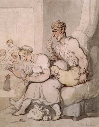 Darning The Sock (pero a inkoust, akvarel) od Thomas Rowlandson