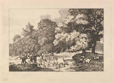 Lov na jelena – krajinomalba s jelenem a loveckými psy u řeky od Thomas Rowlandson