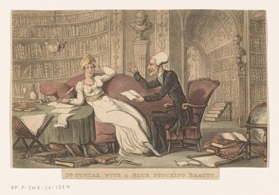 Syntax doktora se ženou v knihovně Dr. Syntaxe s modrou punčochou (název na objektu) od Thomas Rowlandson