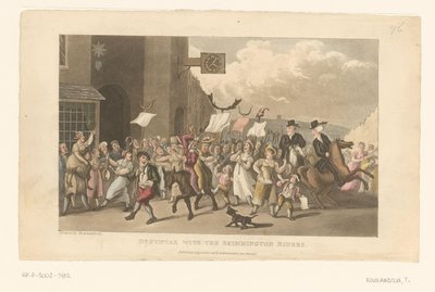 Doktor Syntax jede na koni spolu s charivari od Thomas Rowlandson