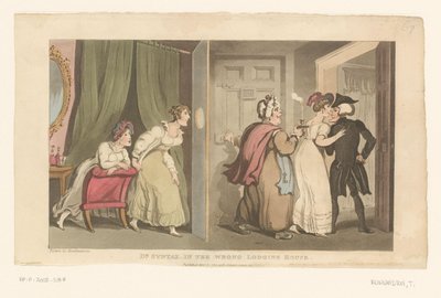 Doktora Syntaxe vedou dveřmi dvě ženy od Thomas Rowlandson