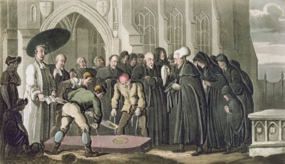 Dr. Syntax na pohřbu své manželky, z „Prohlídka Dr. Syntaxe při hledání malebného“, od Williama Combe, vydáno 1812 (akvatinta) od Thomas Rowlandson