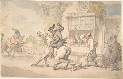 Dr. Syntax s neposlušným koněm před hostincem od Thomas Rowlandson
