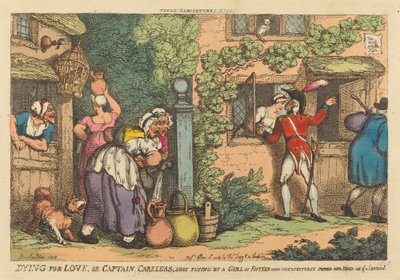 Dying for Love aneb Captain Careless střela od patnáctileté dívky, která nečekaně vystrčila hlavu z okenního křídla od Thomas Rowlandson