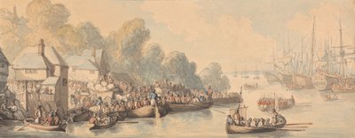 Nalodění v Southamptonu, 20. června 1794 (akvarel a pero a hnědý, šedý a červenohnědý inkoust přes grafit na středním, lehce texturovaném, krémově tkaném papíře) od Thomas Rowlandson