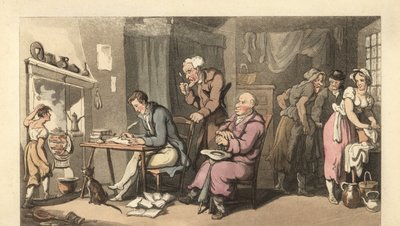 Anglický gentleman píše prosící dopis ve zchátralém salonu od Thomas Rowlandson