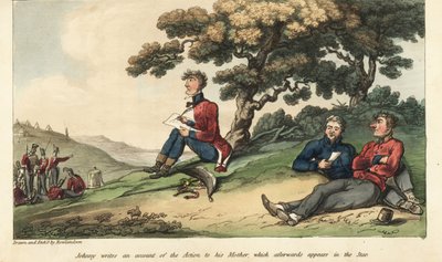 Praporčík Johnny Newcome píše dopis své matce popisující bitvu u Salamance od Thomas Rowlandson