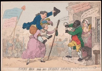 Každý člověk má svého koníčka, hospodu. 1784 (ručně kolorovaná rytina) od Thomas Rowlandson