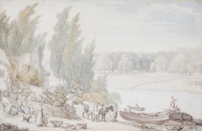 Statek na břehu řeky od Thomas Rowlandson