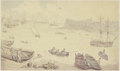 Řeka s mnoha loděmi a loděnicí od Thomas Rowlandson