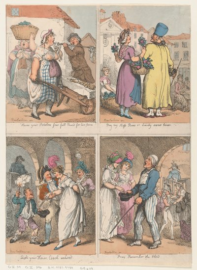 Čtyři scény ze série Cries of London: Tady máš brambory..., Kup můj mech..., 1. srpna 1801. od Thomas Rowlandson