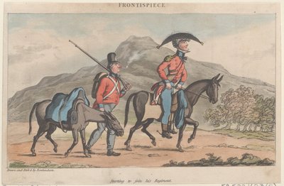 Frontispiece: Začíná se připojovat k jeho pluku, z The Military Adventures of Johnny Newco..., 1815. od Thomas Rowlandson