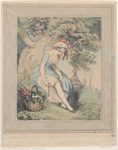 Dívka s košíkem a ptačí klecí upravující si podvazek, 1785-95., 1785-95. od Thomas Rowlandson